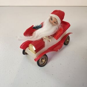Vintage Japan Santa Driving a Car Christmas Tree Plastic Ornament Mcm 1960s
